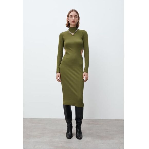 Zara NWT Cut Out Rib Midi Dress in Khaki - Picture 2 of 10